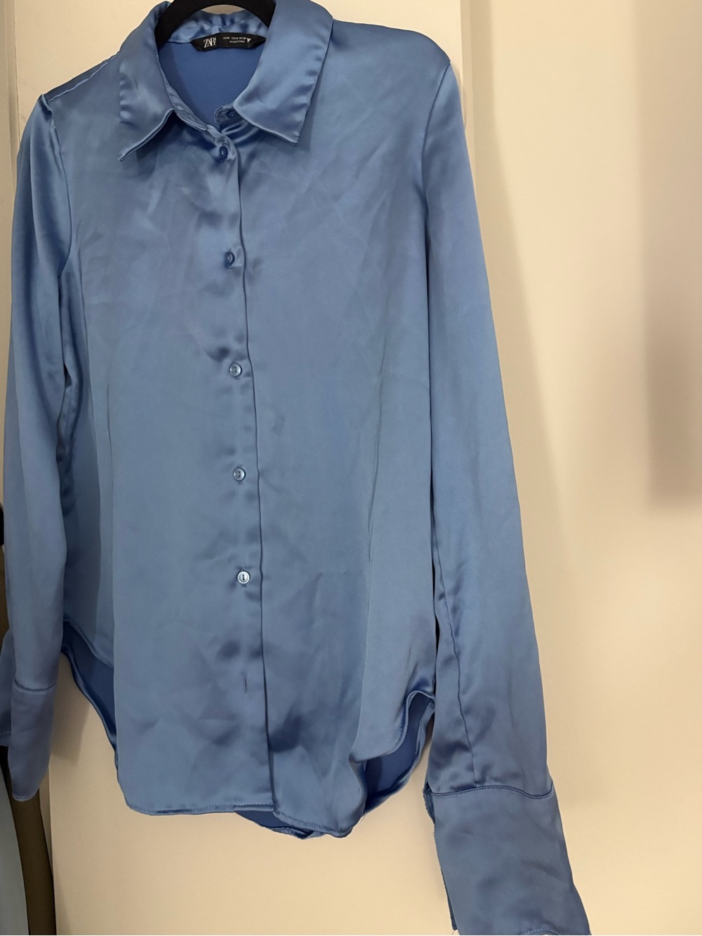Zara Silky Blue Button-Up Blouse with Cream Wide-Leg Pants